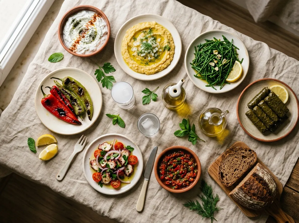 Keten örtü üzerinde Ege mezeleri: haydari, fava, deniz börülcesi, sarma
